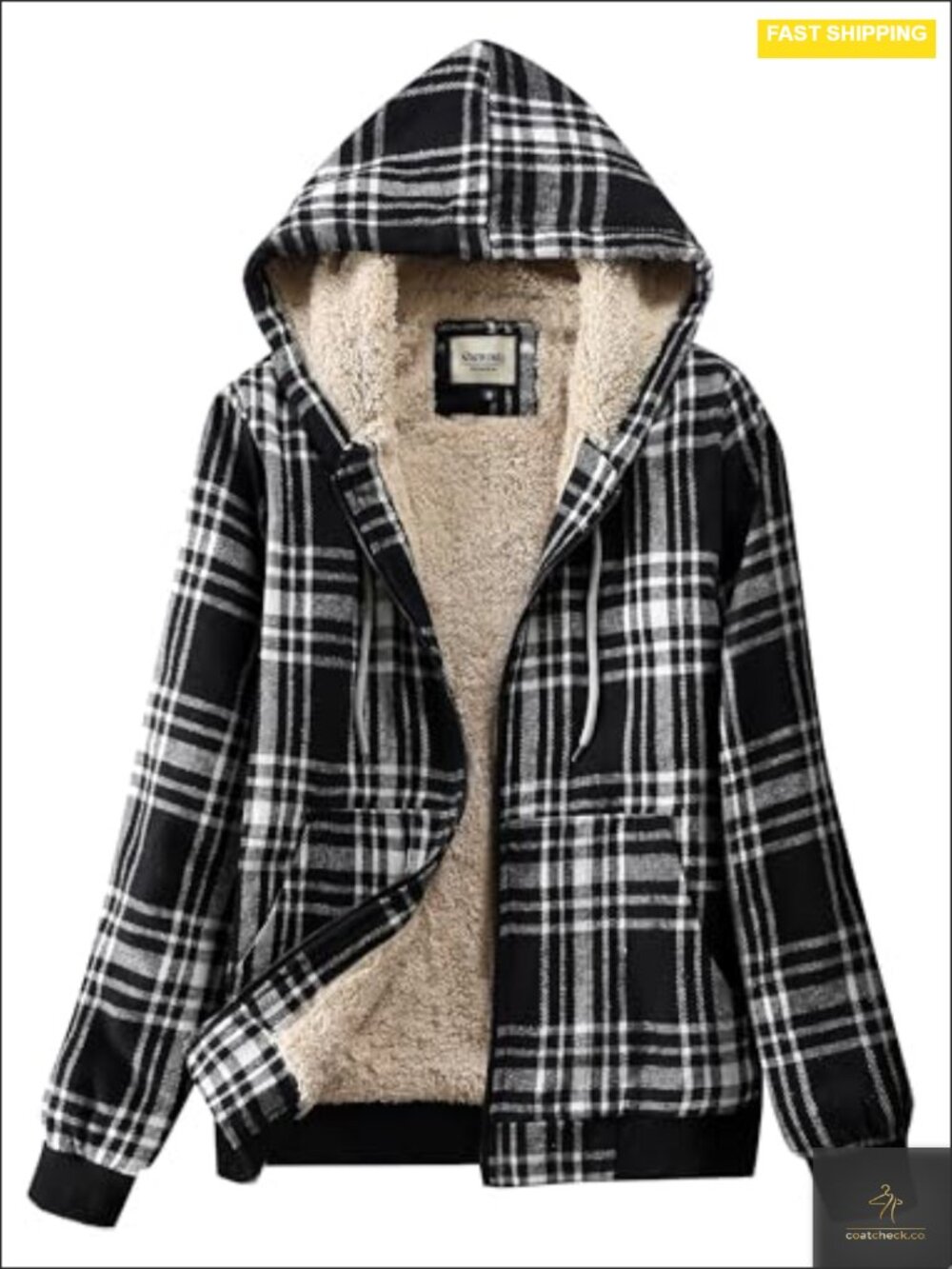 Casual Zip Flannel Sherpa Lined Plaid Jacket with Hood